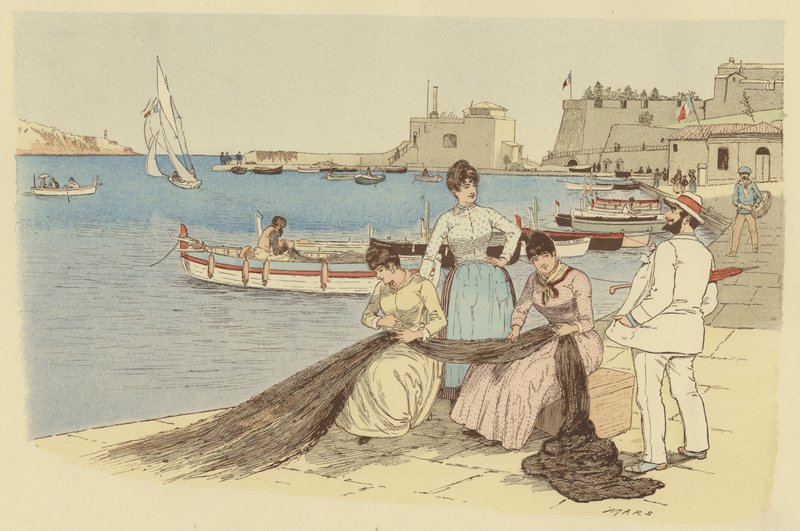 A Man Chatting to a Group of Women Mending Fishing Nets in the Town of Villefranche, France by Maurice Charles Mathieu Bonvoisin