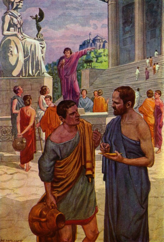 An illiterate voter asking Aristides to write his name on a shard of pottery used as a ballot by Max Wulff
