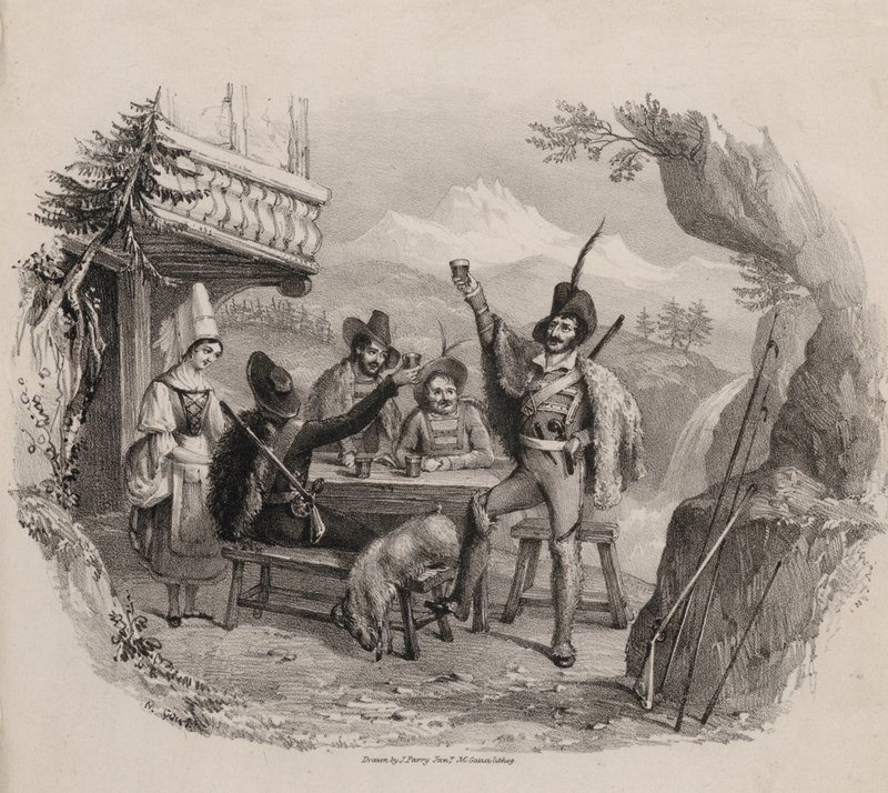 Hunters in the mountains enjoying a drink at a tavern by Maxim Gauci
