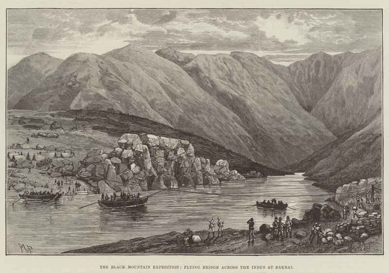 The Black Mountain Expedition, Flying Bridge across the Indus at Bakrai by Melton Prior