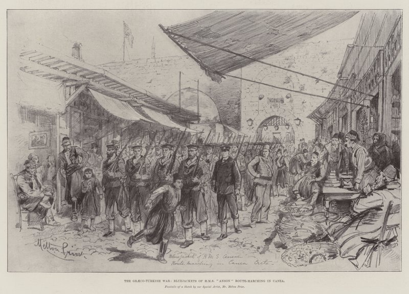 The Graeco-Turkish War, Bluejackets of HMS Anson Route-Marching in Canea by Melton Prior