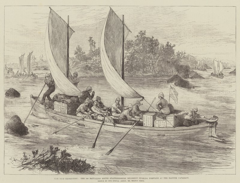 The Nile Expedition, the 1st Battalion South Staffordshire Regiment Pushing Forward at the Hannek Cataract by Melton Prior