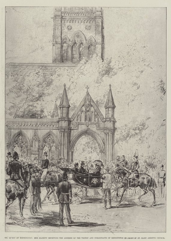 The Queen at Kensington, Her Majesty Receiving the Address of the Vestry and Inhabitants of Kensington in Front of St Mary Abbotts Church by Melton Prior