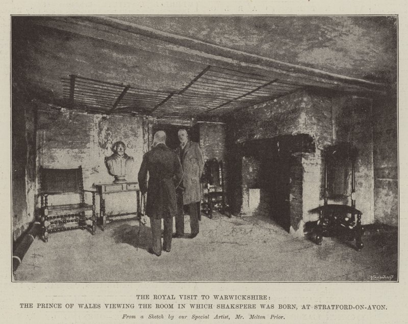 The Royal Visit to Warwickshire, the Prince of Wales viewing the Room in which Shakespeare was born, at Stratford-on-Avon by Melton Prior
