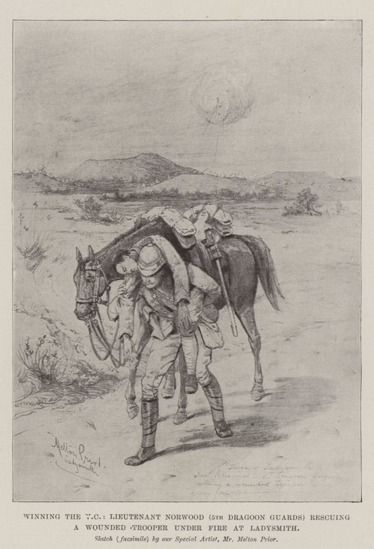 Winning the VC, Lieutenant Norwood (5th Dragoon Guards) Rescuing a Wounded Trooper Under Fire at Ladysmith by Melton Prior