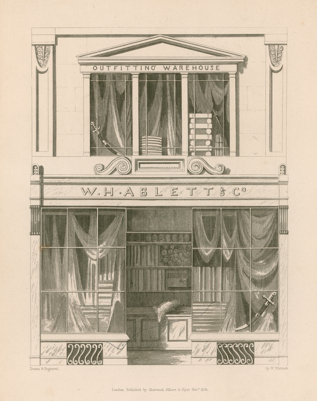 Shop Front for W H Ablett, Outfitting Warehouse, Cornhill, London by Nathaniel Whittock
