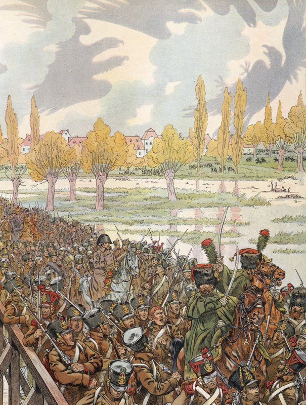 Napoleon Crossing the Bridge at Elster with His Army, with an Ominous Looking Sky by Onfray de Breville Job