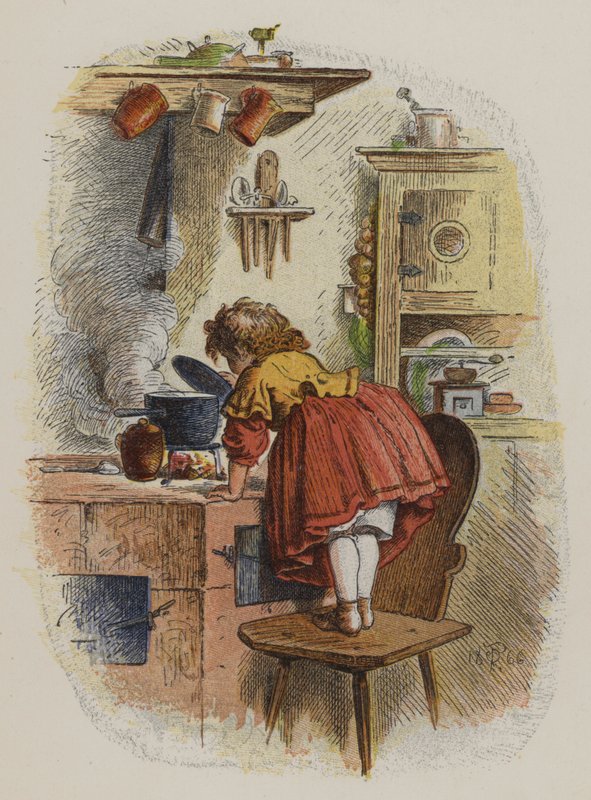 Little girl looking into a saucepan on a stove by Oskar Pletsch