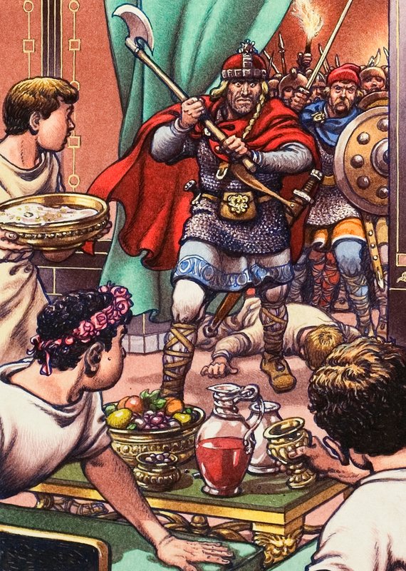 Barbarians Invading a Romano British Dinner Party by Pat (1907-95) Nicolle