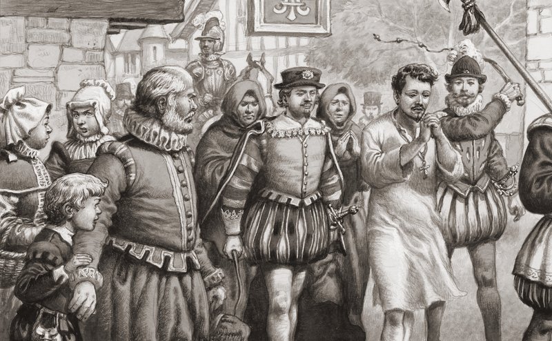 King Henri III of France doing penance by walking through the streets of Paris in a hair shirt whilst being whipped by Pat (1907 95) Nicolle