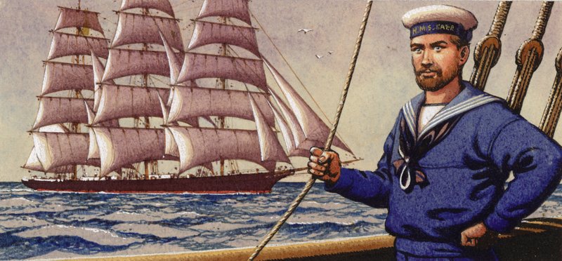 Well-dressed sailor and square-rigger sailing ship by Pat (1907-95) Nicolle