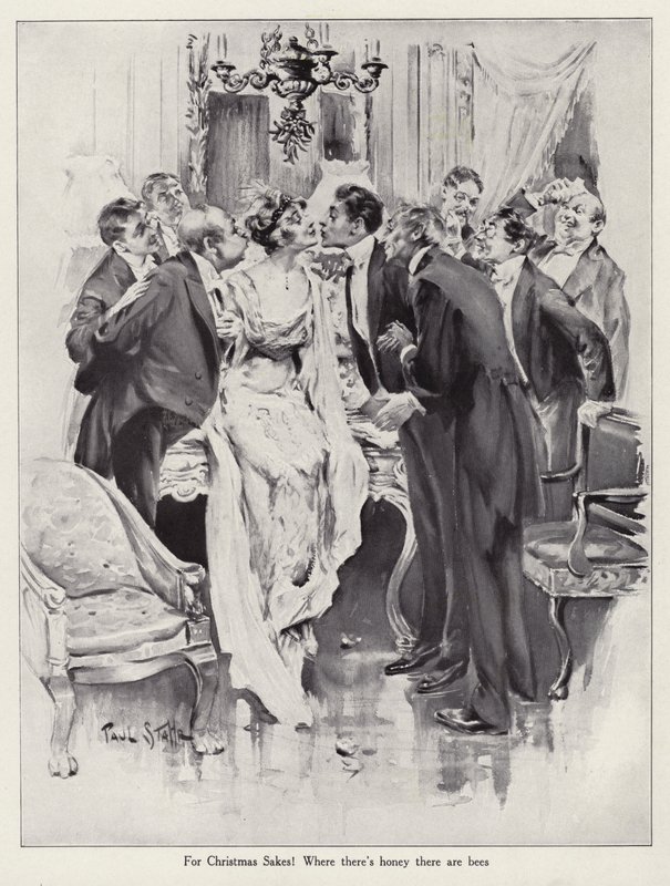 Men swarming around a beautiful woman like bees around a honey pot by Paul C. Stahr