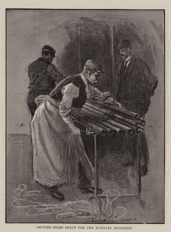 Getting Poles Ready for the Hospital Marquees by Percy F.S. Spence