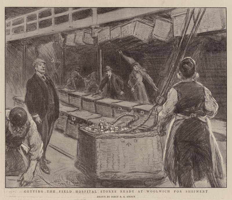 Getting the Field Hospital Stores ready at Woolwich for Shipment by Percy F.S. Spence