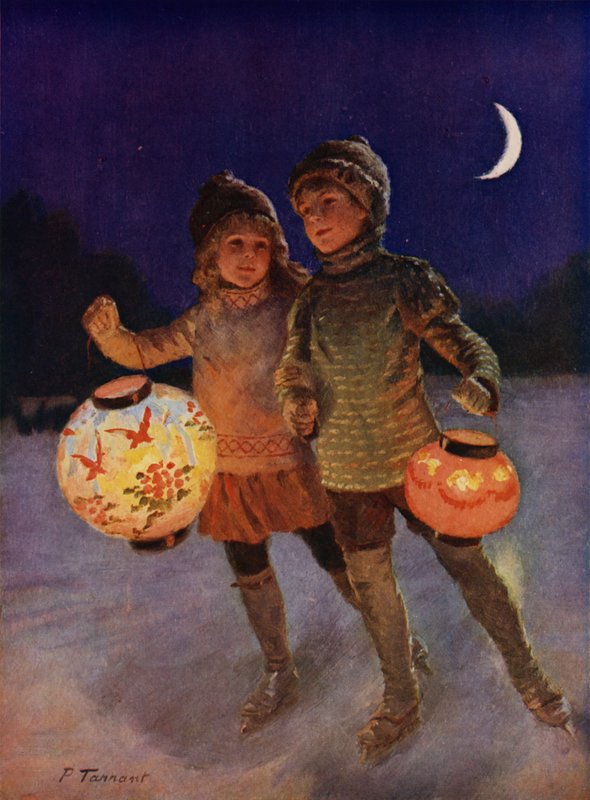 Boy and girl skating with fairy lanterns at night by Percy Tarrant