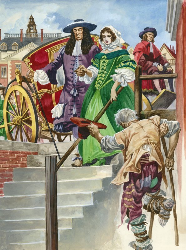 An old soldier begs King Charles II, with the Chelsea Hospital behind by Peter Jackson