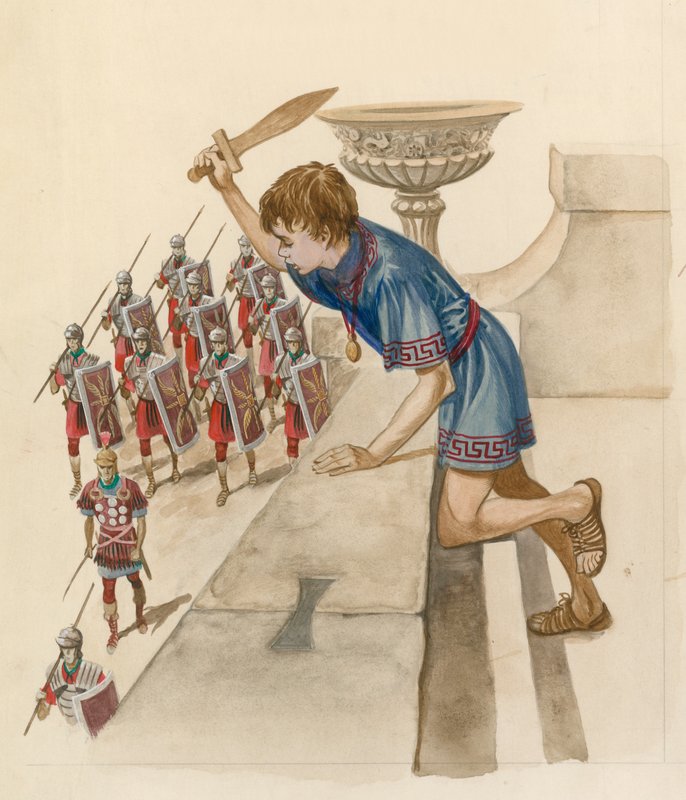 Julius Caesar as a boy, watching Roman soldiers returning from battle by Peter Jackson