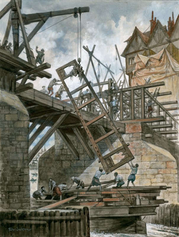 Nonesuch House being erected on old London Bridge by Peter Jackson