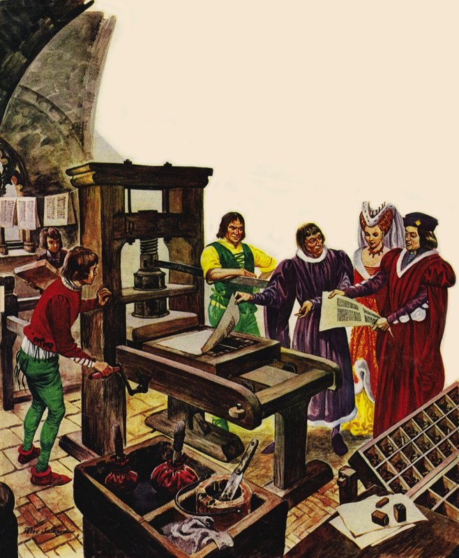 William Caxton showing off his printing press to King Edward IV and his Queen, Elizabeth by Peter Jackson