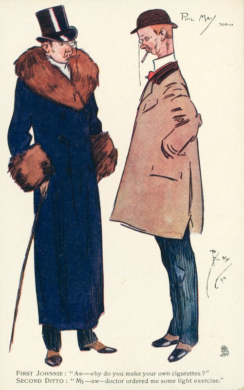 Two gentlemen having a conversation about cigarettes and exercise by Phil May