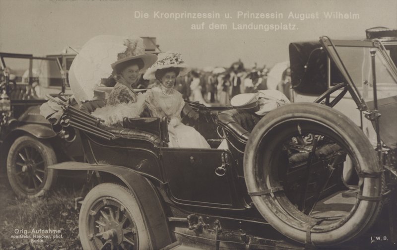 Crown Princess Cecilie and Princess August Wilhelm of Germany at a Zeppelin landing ground by Photographer German