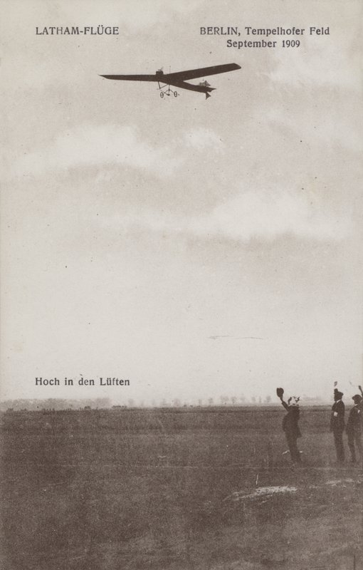 French Aviator Hubert Latham Flying Over Tempelhof Airfield, Berlin, September 1909 by Photographer German