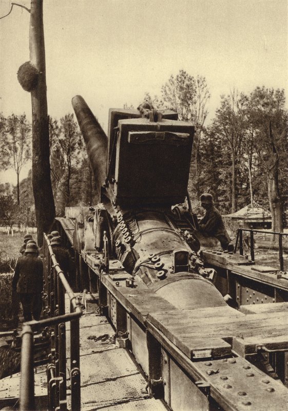 German 380 mm railway gun of the type used in the bombardments of Verdun and Dunkirk, France, World War I by Photographer German