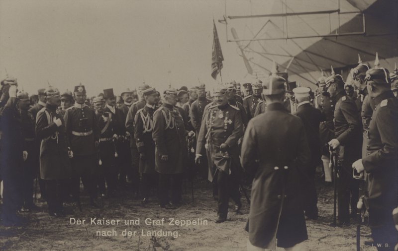 Kaiser Wilhelm II and German airship constructor Graf Ferdinand von Zeppelin after the landing of one of Zeppelin