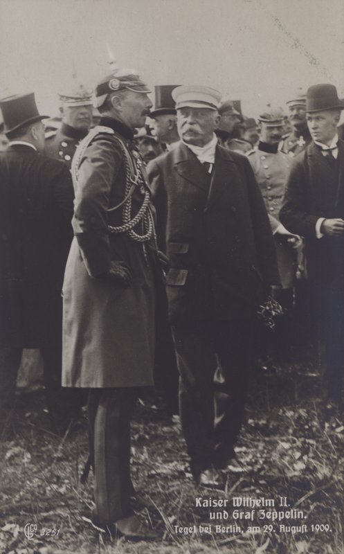 Kaiser Wilhelm II and German airship constructor Graf Ferdinand von Zeppelin at Tegel airfield, Berlin, 29 August 1909 by Photographer German