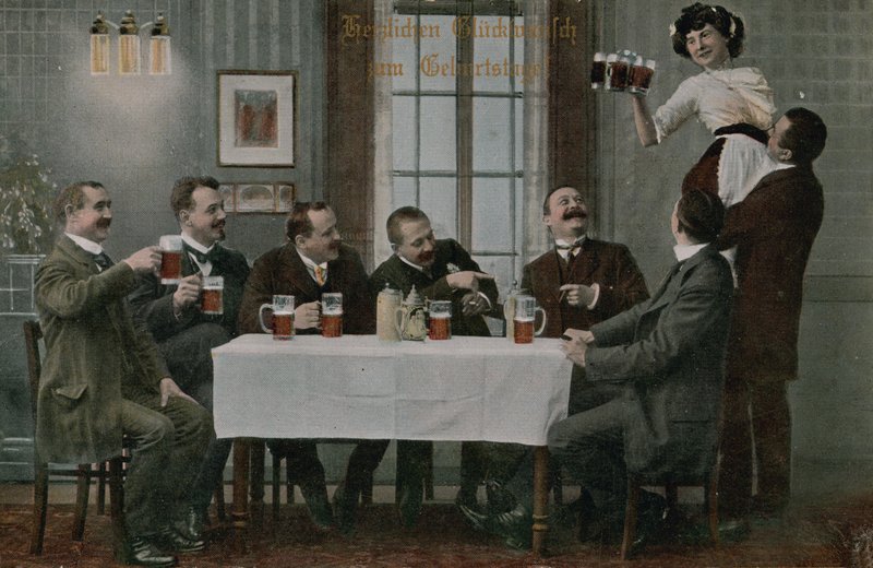 Postcard of Germans Drinking Beer and Having Fun with the Waitress, Sent in 1913 by Photographer German