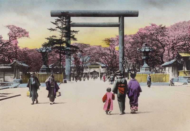 Japan, c.1912: The Enormous Bronze Torii for Shokonsha or spirit invoking Shrine for dead soldiers in national troubles, Tokyo by Photographer Japanese