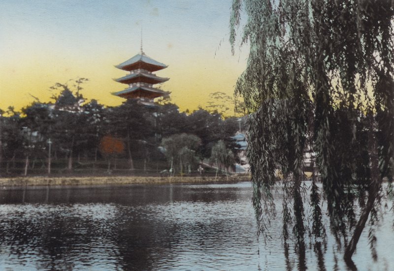 Japan, c.1912: Pagoda at Nara from Sarusawa Pond by Photographer Japanese