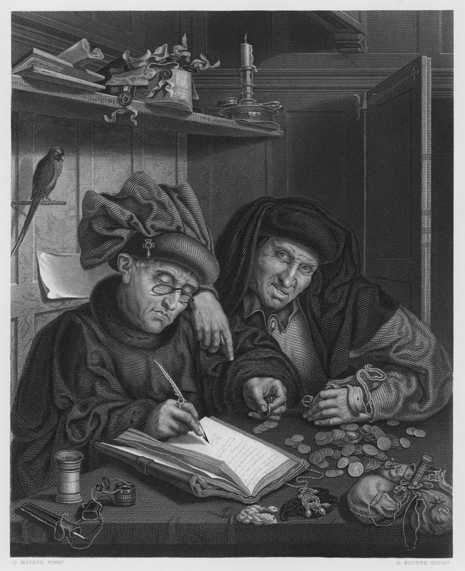 The Misers, from the picture in the Royal Collection by Quentin (after) Massys or Metsys