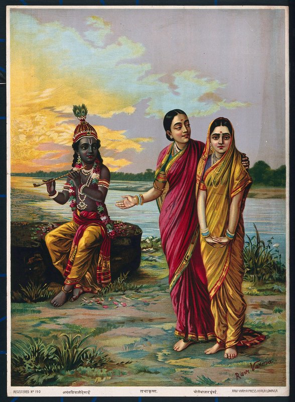 Krishna declaring his love for Radha via a confidante by Raja Ravi Varma