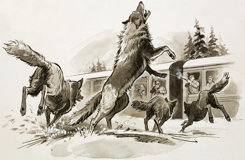 Passengers in a snowbound train fight off starving wolves by Ralph Bruce
