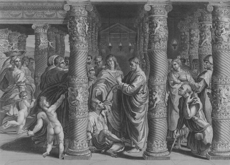 Peter and John at the Beautiful Gate, Acts 3, Verse 1-12 (engraving) by after Raphael
