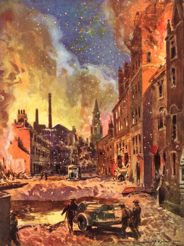 Firemen of the wartime British National Fire Service inspecting a large bomb crater during the Blitz, World War II by Reginald Mills
