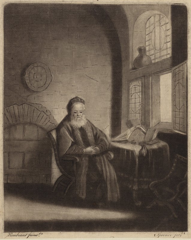 An elderly bearded philosopher sitting at a desk in front of a window by Rembrandt van Rijn