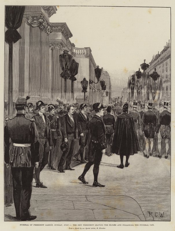 Funeral of President Carnot, Sunday, 1 July, the New President leaving the Elysee and following the Funeral Car by Richard Caton Woodville junior