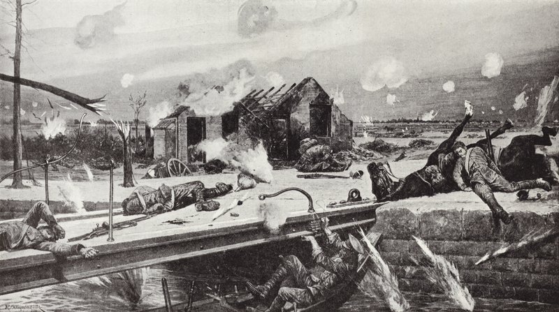 Lance-Corporal Charles Jarvis blowing up the bridge at Jemappes, Belgium, 23 August, 1914 by Richard Caton Woodville junior