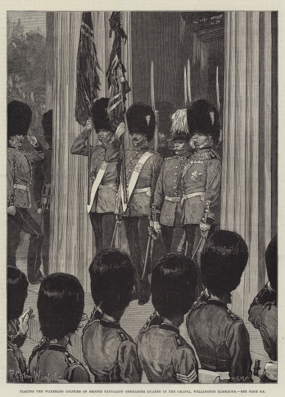 Placing the Waterloo Colours of Second Battalion Grenadier Guards in the Chapel, Wellington Barracks by Richard Caton Woodville junior