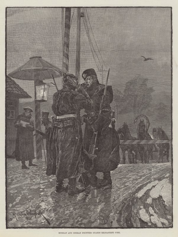 Russian and German Frontier Guards exchanging Fire by Richard Caton Woodville junior
