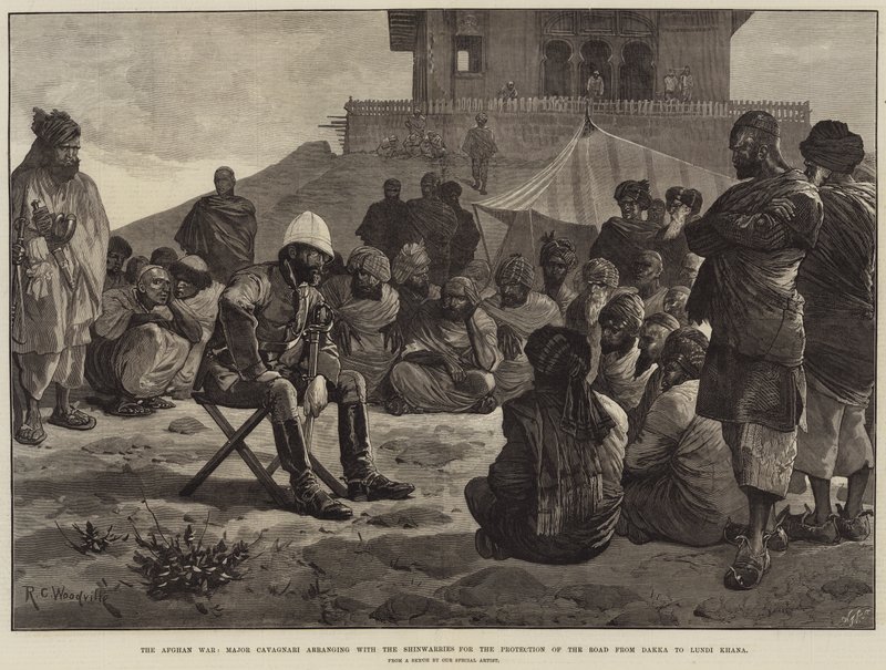 The Afghan War, Major Cavagnari arranging with the Shinwarries for the Protection of the Road from Dakka to Lundi Khana by Richard Caton Woodville junior