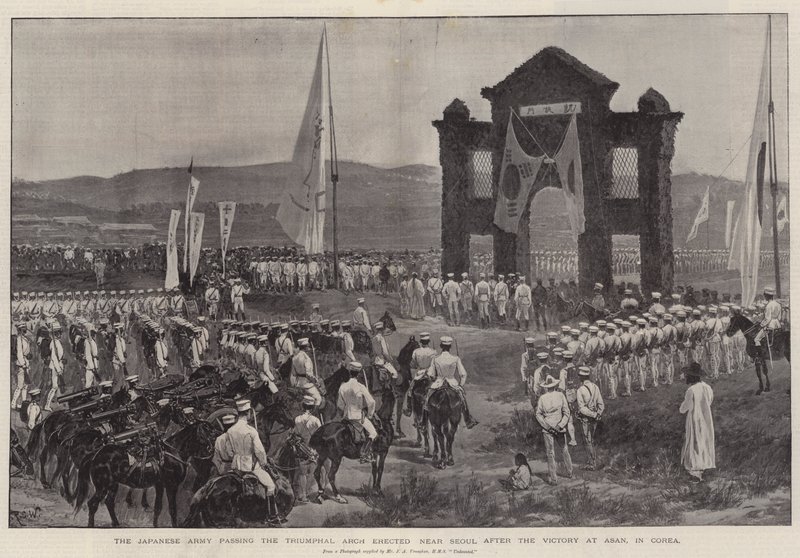 The Japanese Army passing the Triumphal Arch erected near Seoul after the Victory at Asan, in Korea by Richard Caton Woodville junior