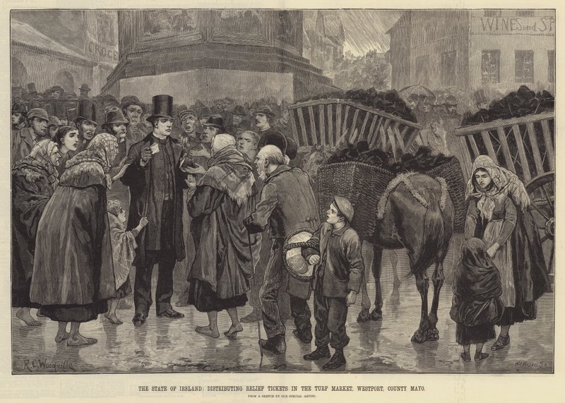 The State of Ireland, distributing Relief Tickets in the Turf Market, Westport, County Mayo by Richard Caton Woodville junior