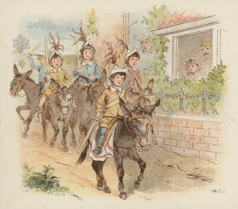 Children on donkeys off to play war by Richard Andre