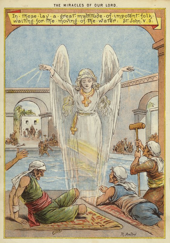 The Miracles of Christ: sick people waiting for the moving of the water by an angel by Richard Andre