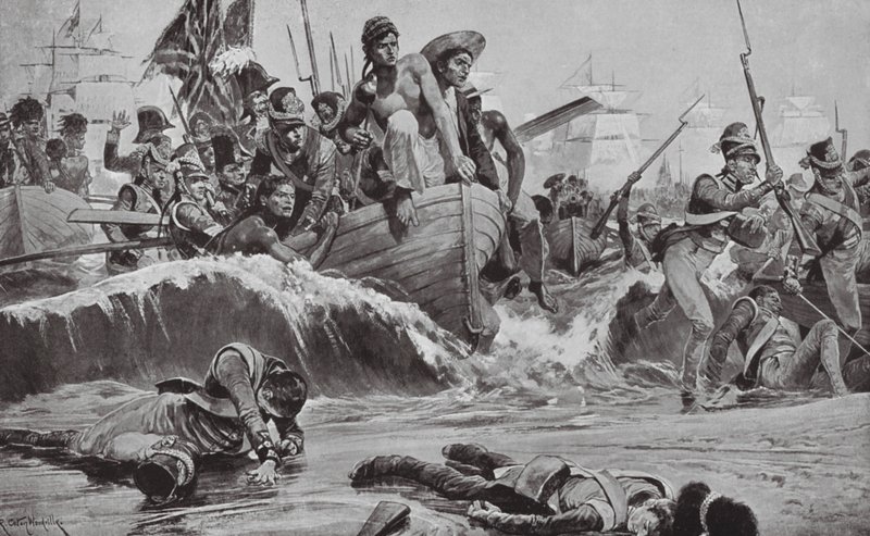 The British Troops Force a landing at Aboukir Bay in Face of the French Batteries by Richard Caton II (after) Woodville