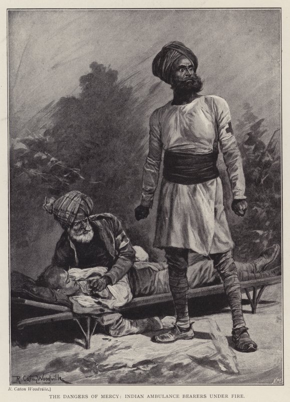 The dangers of mercy, Indian Ambulance Bearers under fire by Richard Caton II (after) Woodville