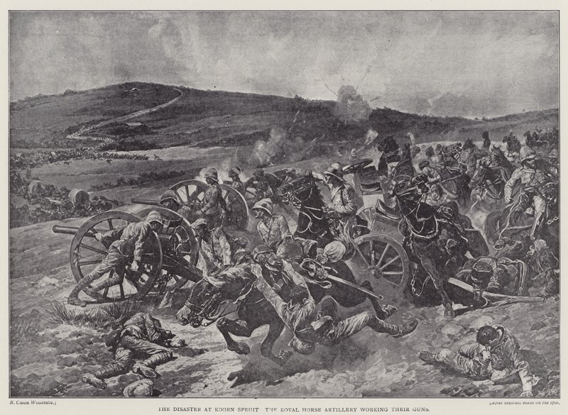 The disaster at Koorn Spruit, the Royal Horse Artillery working their guns by Richard Caton II (after) Woodville